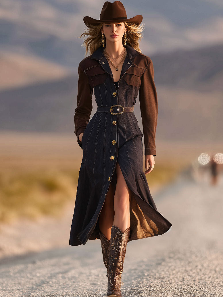 Retro Casual Dark Blue And Brown Washed Denim Lapel Open Waist Long Sleeve Midi Dress