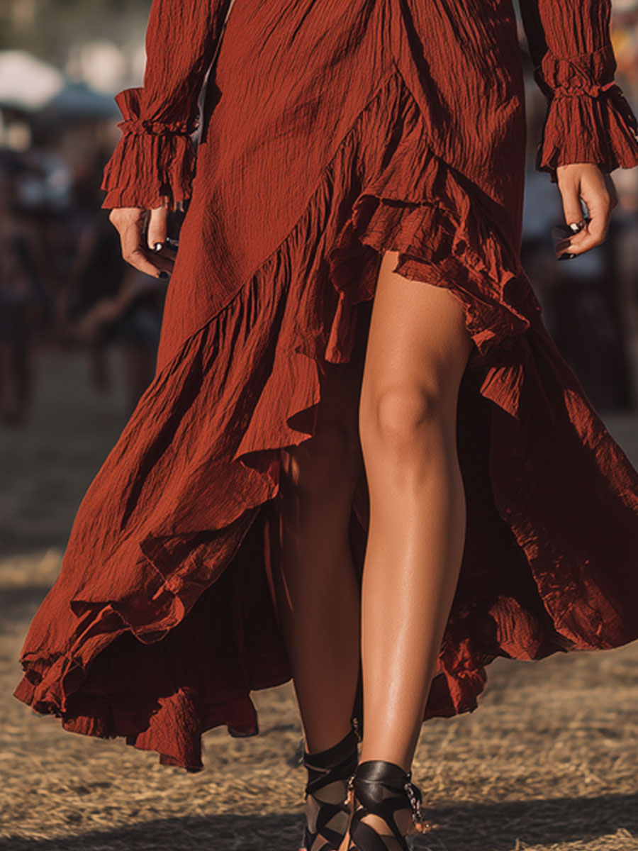 Vintage Brick Red Textured Ruffled Long Sleeve Maxi Dress