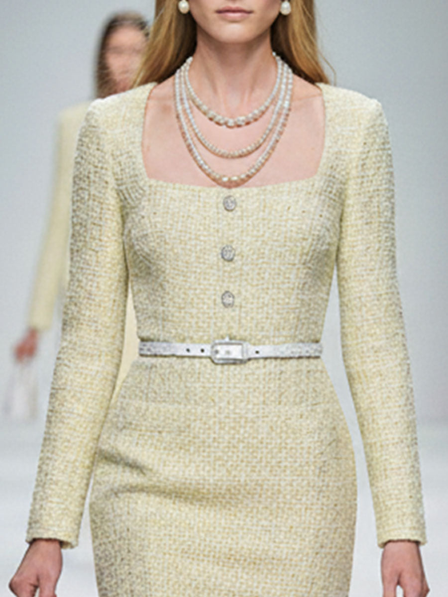 Retro Elegant Yellow Square Neck Tweed Fishtail Midi Dress