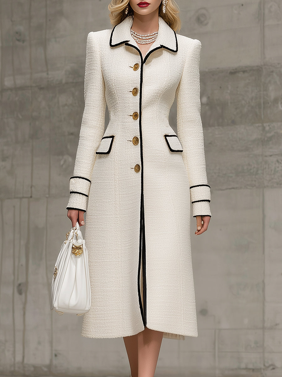 Elegant White Tweed Mid-length With Contrasting Gold Buttons Coat