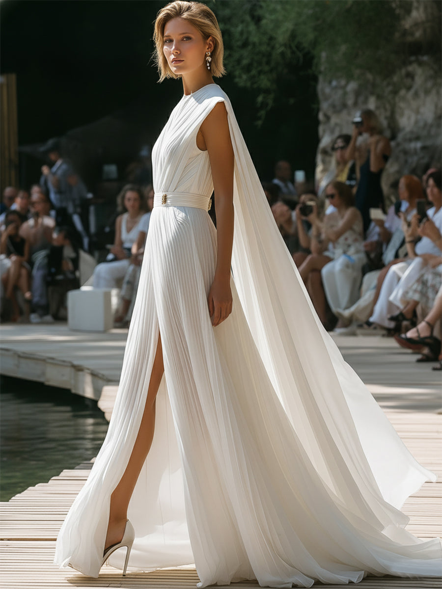 High-fashion White Pleated Sleeveless Cape Dress With Slits Maxi Dress
