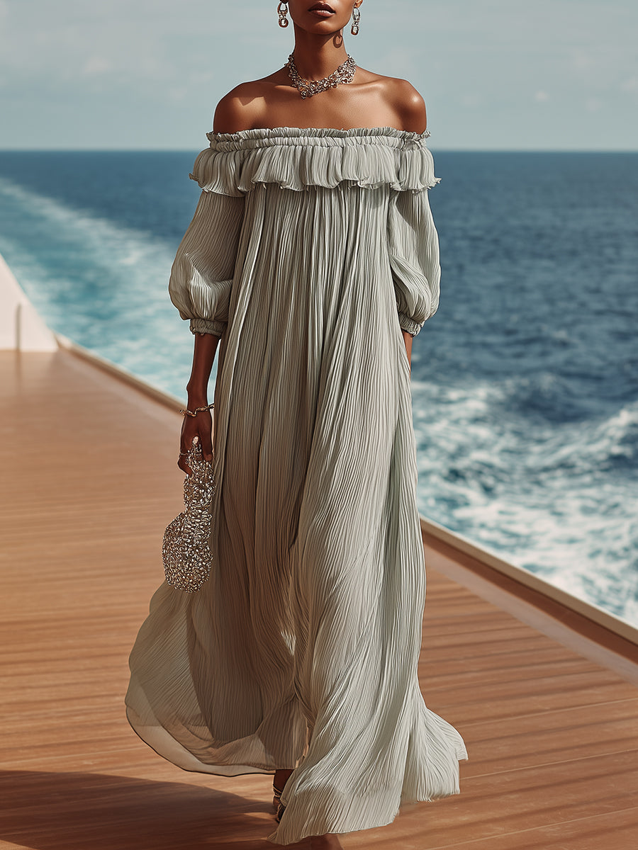Vacation Casual Grey Crepe Chiffon Off-shoulder Maxi Dress