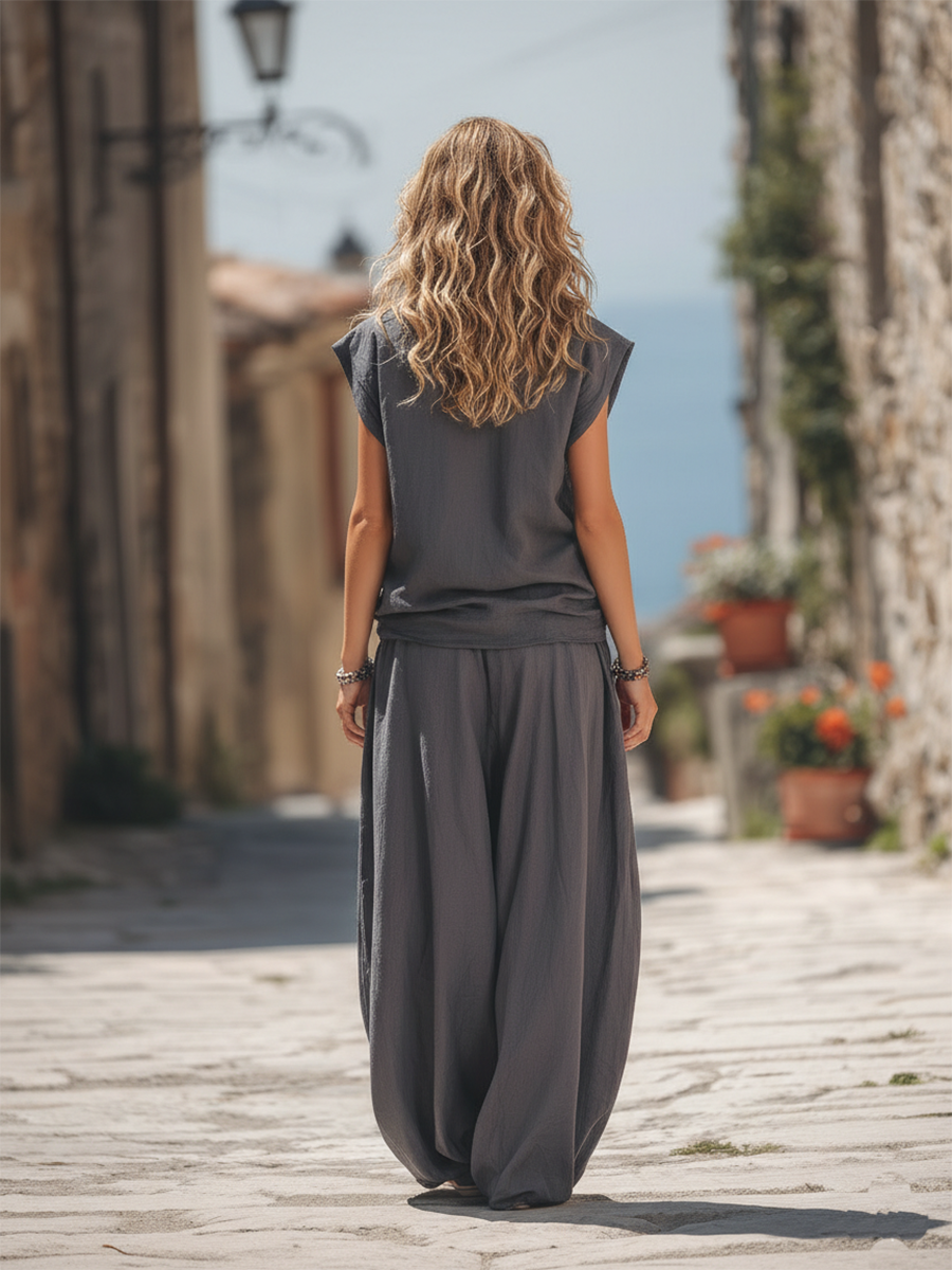 Vacation-style Gray Cotton Short-sleeved Shirt And Long Pants Set