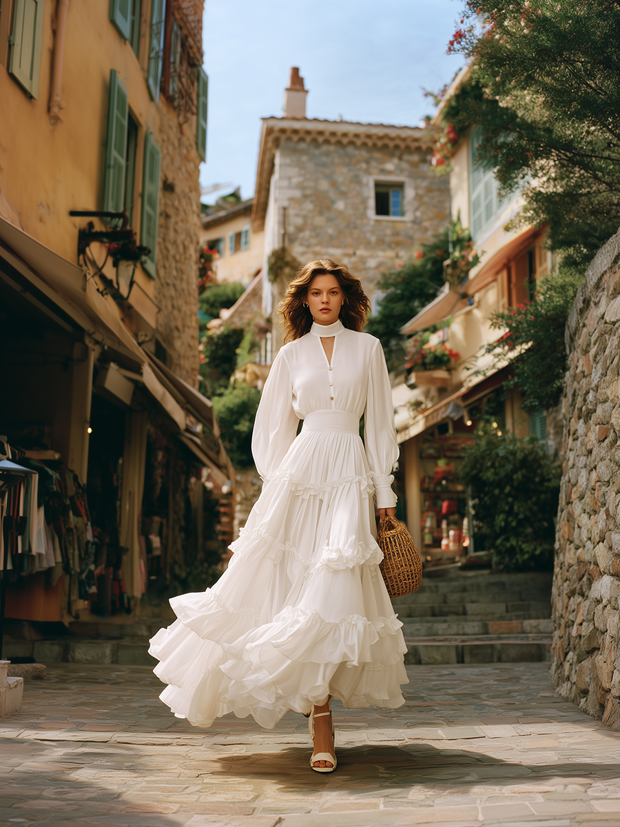 White Resort-style Chiffon Long-sleeved Maxi Dress
