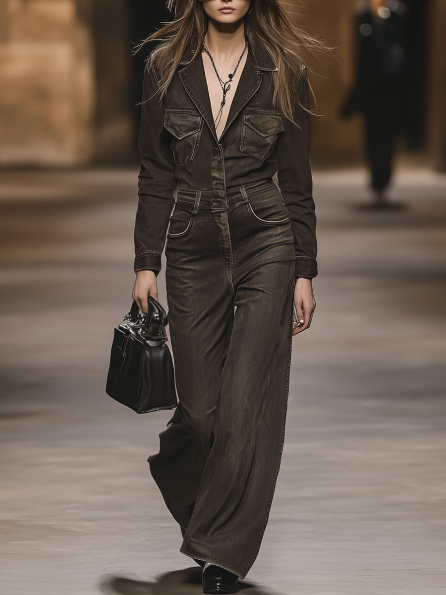 Retro Fashion Brown Washed Denim Lapel Long-Sleeved Jumpsuit