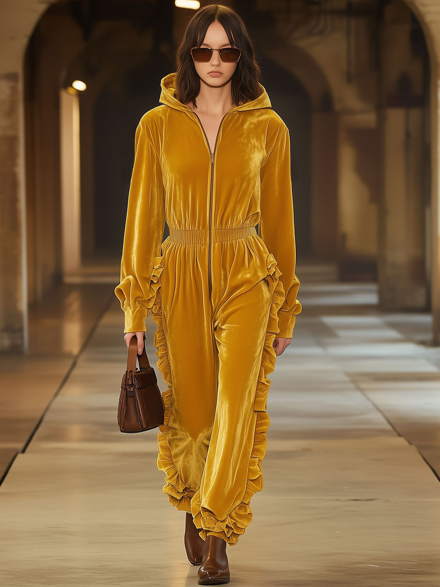 Vintage Long-Sleeved Hooded Yellow Velvet Ruffle Jumpsuit