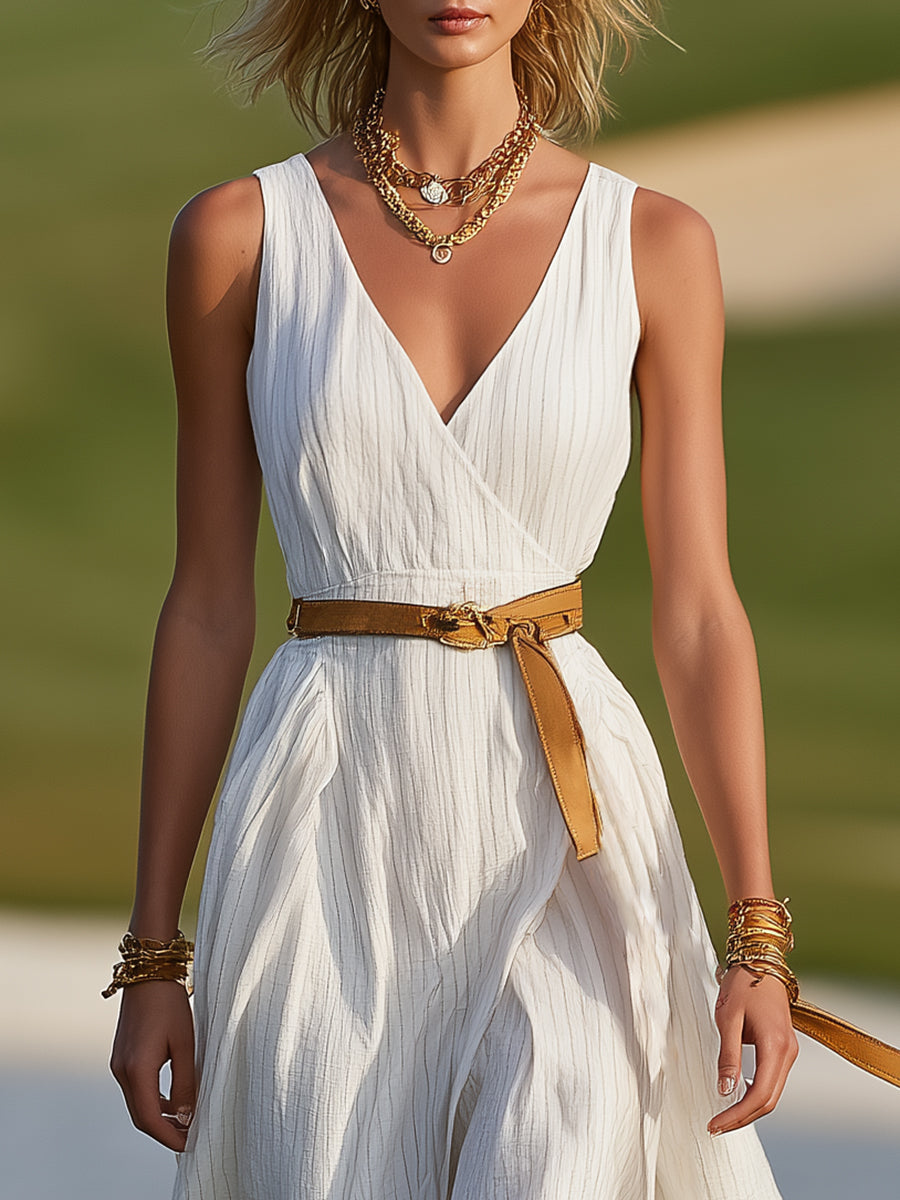 Elegant Resort-style Striped White Cotton V-neck Sleeveless Midi Dress