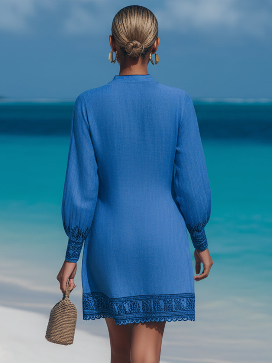 Resort-style V-neck Navy Blue Embroidered Cotton Linen Mini Dress