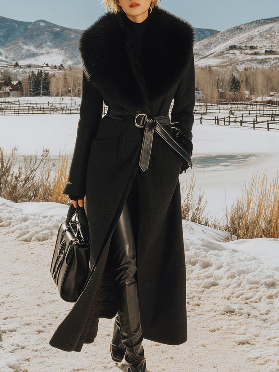 Elegant Classic Fur Collar Belt Long Black Wool Coat