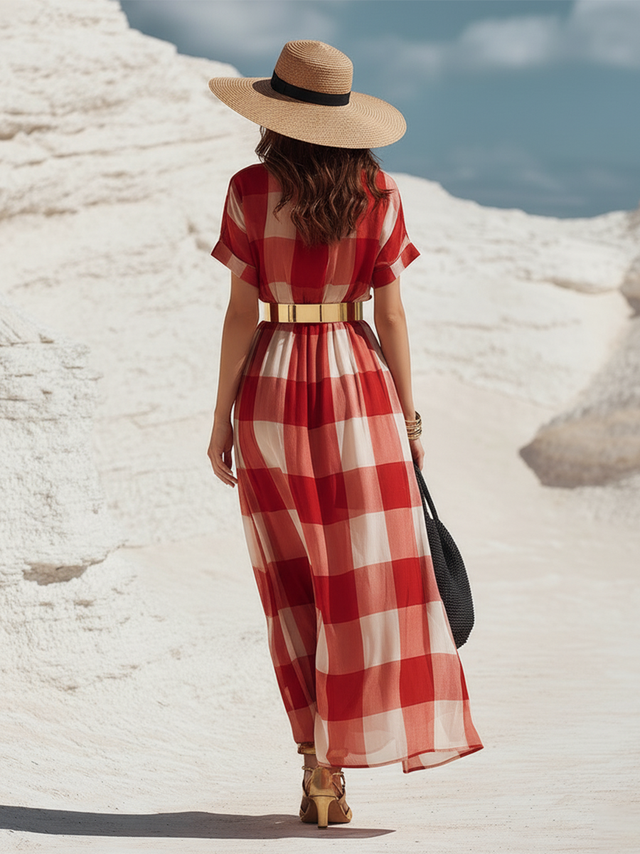 Casual And Summery Red And White Checkered Short-sleeved Maxi Dress