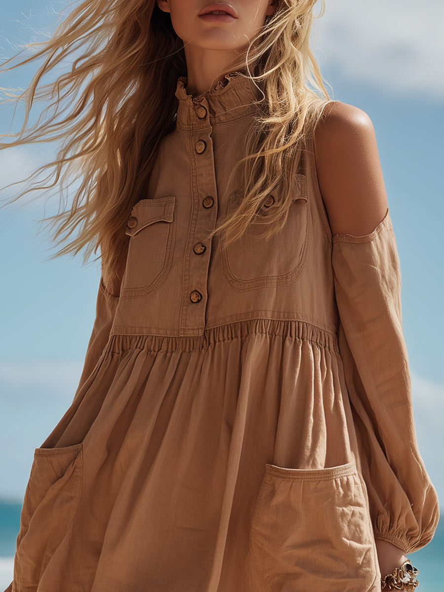 Bohemian Casual Camel Denim Off-shoulder Long-sleeved Multi-pocket Ruffle Mini Dress