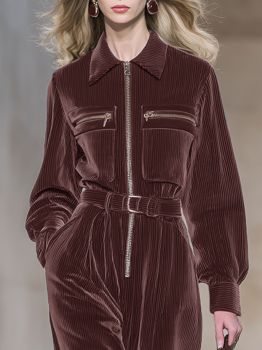 Retro And Fashionable Lapel Wide-leg Corduroy Jumpsuit