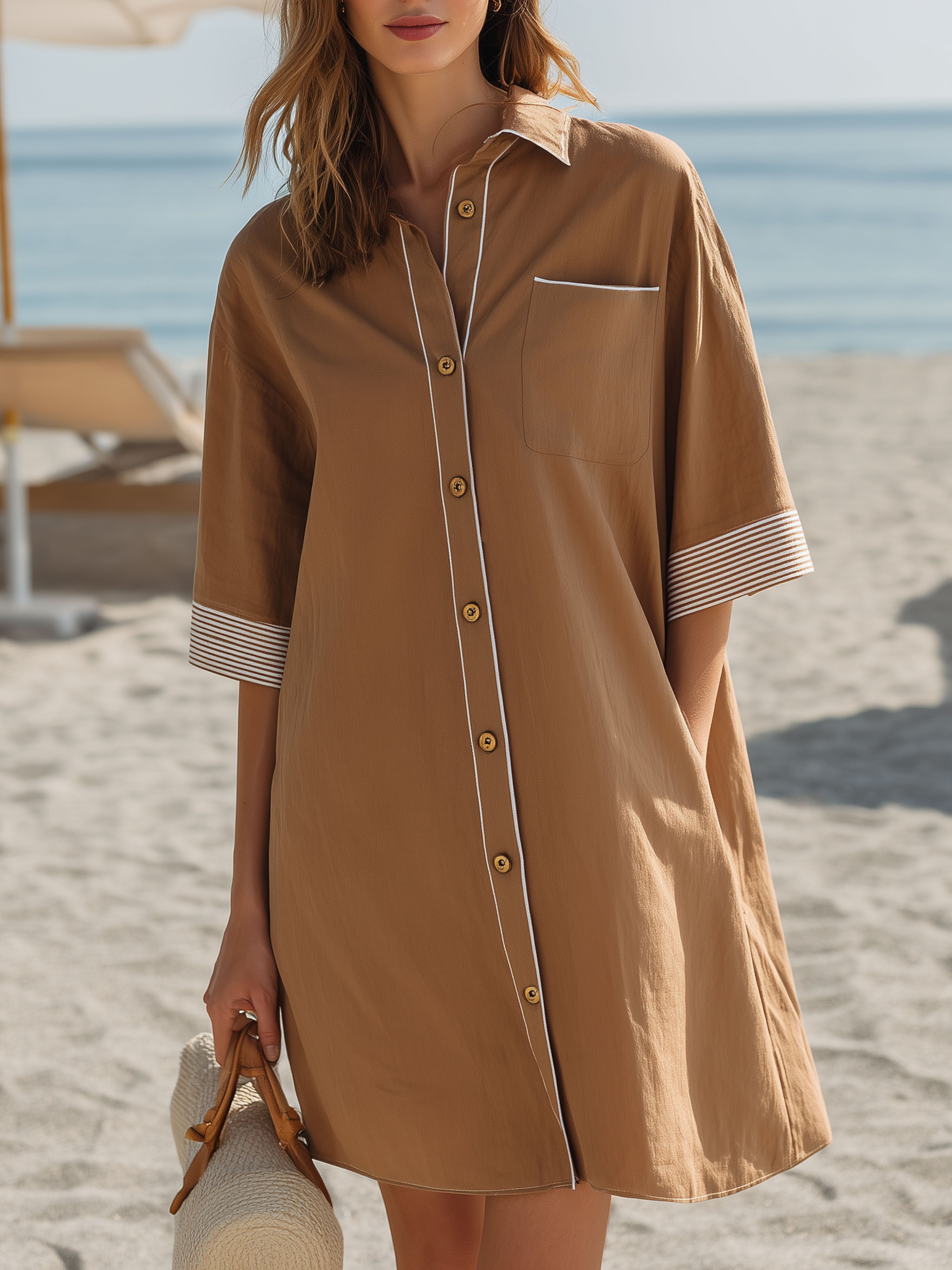 Resort Brown Shirt Collar With White Stripes Mini Dress