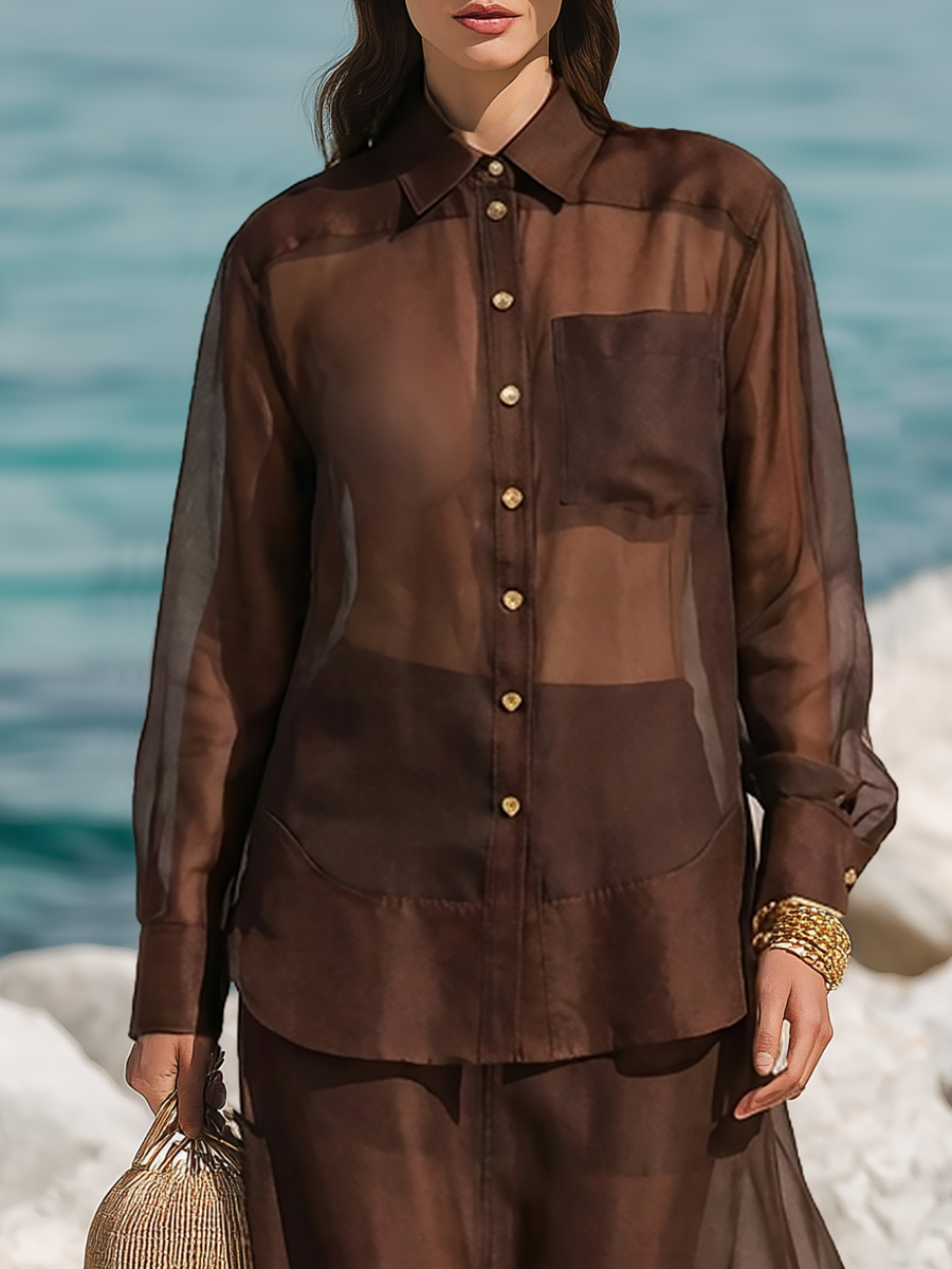 High-end Chic Dark Brown Faux Silk Sheer Shirt And Skirt Set