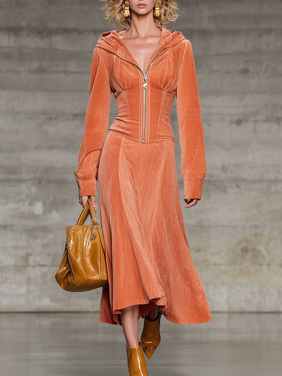 Fashion Casual Light Orange Chenille Long-Sleeved Hooded Cardigan Midi Skirt Suit