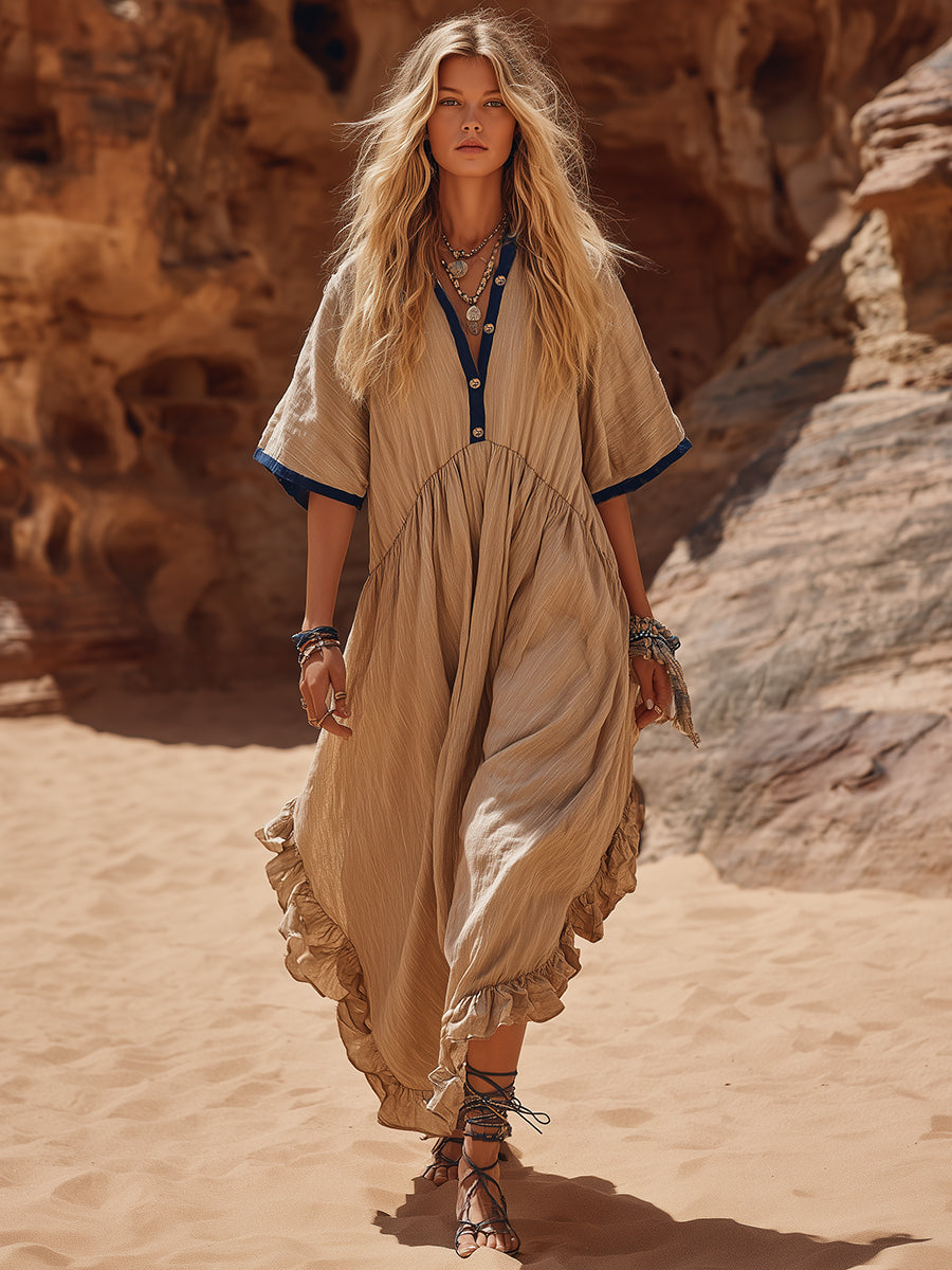 Casual Bohemian Navy Blue Trim Beige Cotton Linen Ruffled Loose Midi Dress