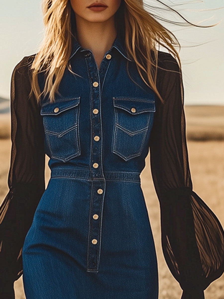 Vintage Dark Blue Denim Chiffon Long Sleeve Raw Edge Midi Dress