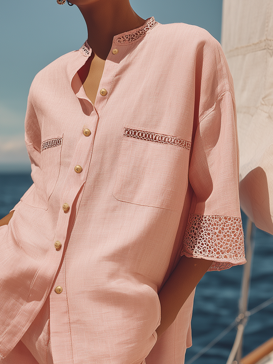 Casual Vacation Style Lace Trim Short-sleeved Cotton And Linen Shirt And Shorts Set