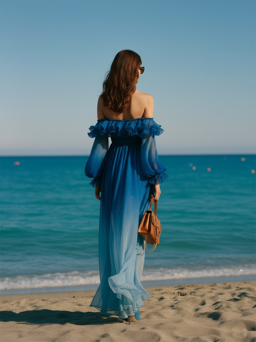 Vacation-style Gradient Off-the-shoulder Chiffon Maxi Dress