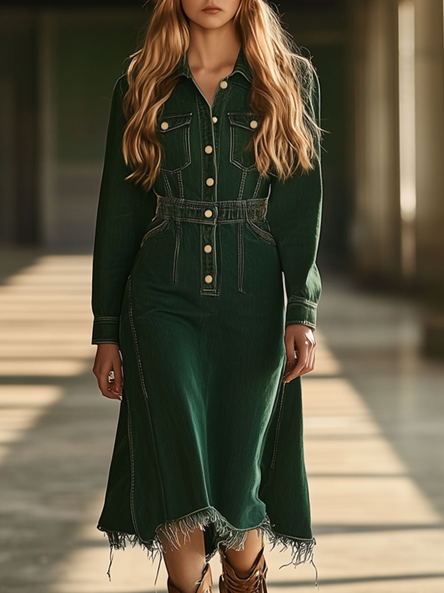 Vintage Green Denim Long Sleeve Raw Edge Elastic Waist Midi Dress