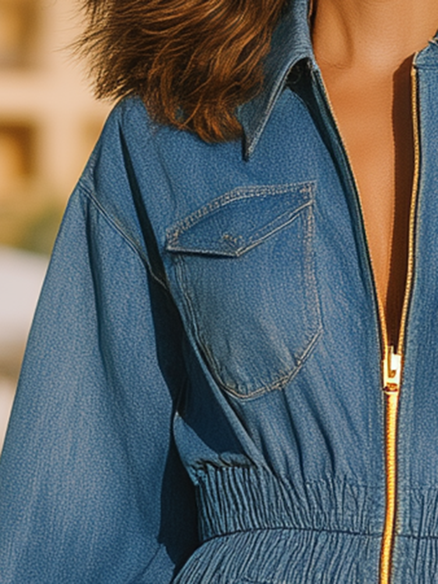 Vacation-style Denim Zip-up Mini Dress