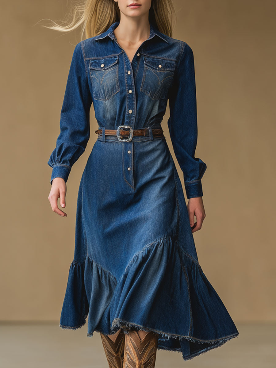 Vintage Lace-Up Blue Denim Long Sleeve Ruffled Shirt-Style Midi Dress