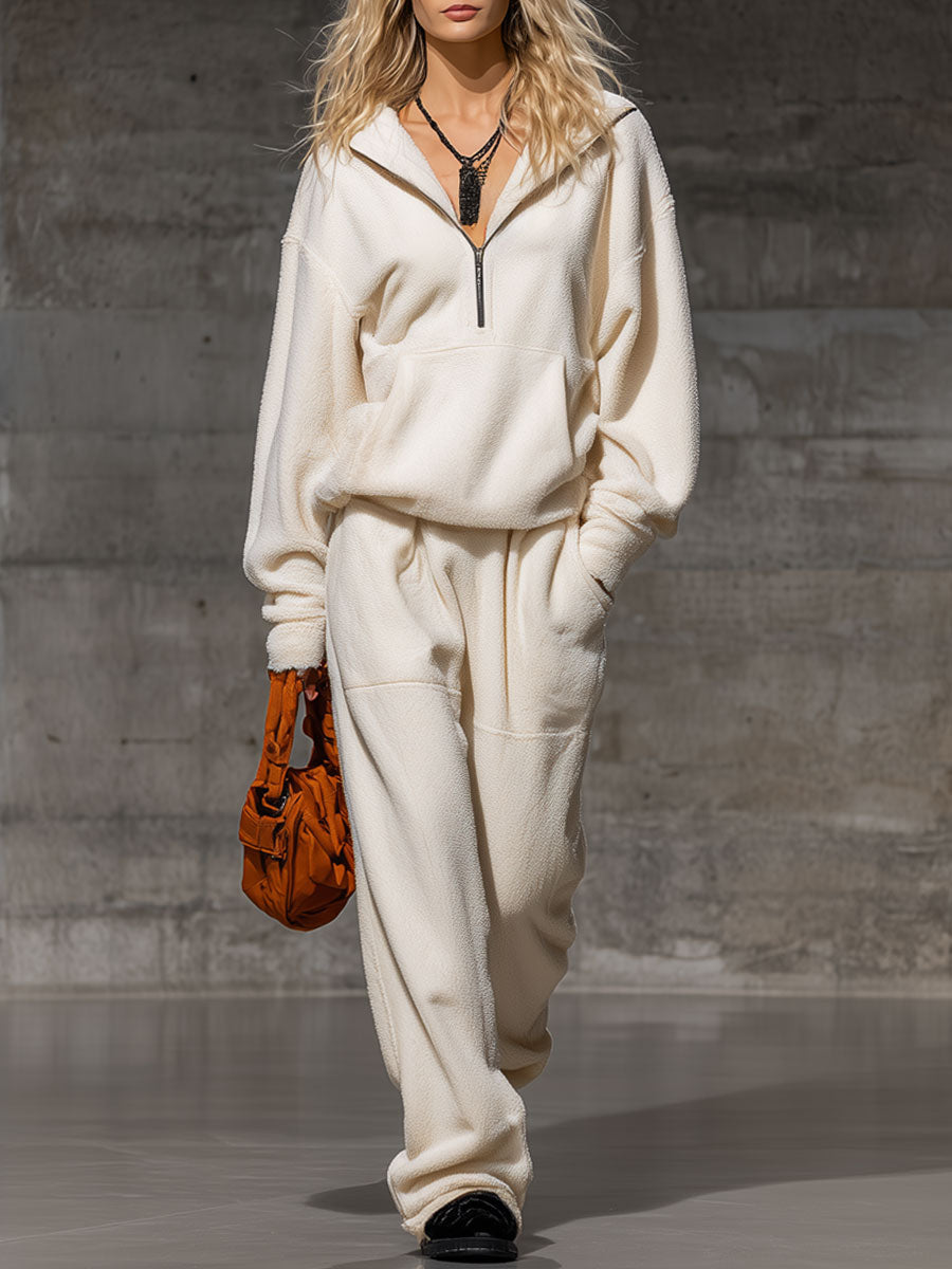 Casual Loose Sports Cream White Coral Fleece Sweatshirt Pants Set