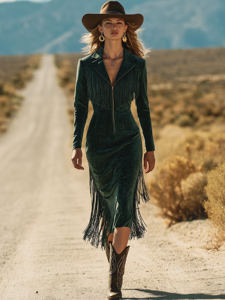 Western Retro Dark Green Eco-friendly Suede Lapel Tassel Long Sleeve Midi Dress