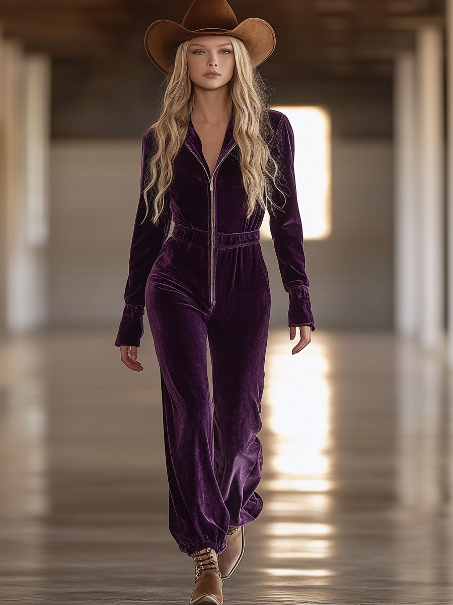 Casual Retro Purple Velvet Zipper Long Sleeve Jumpsuit