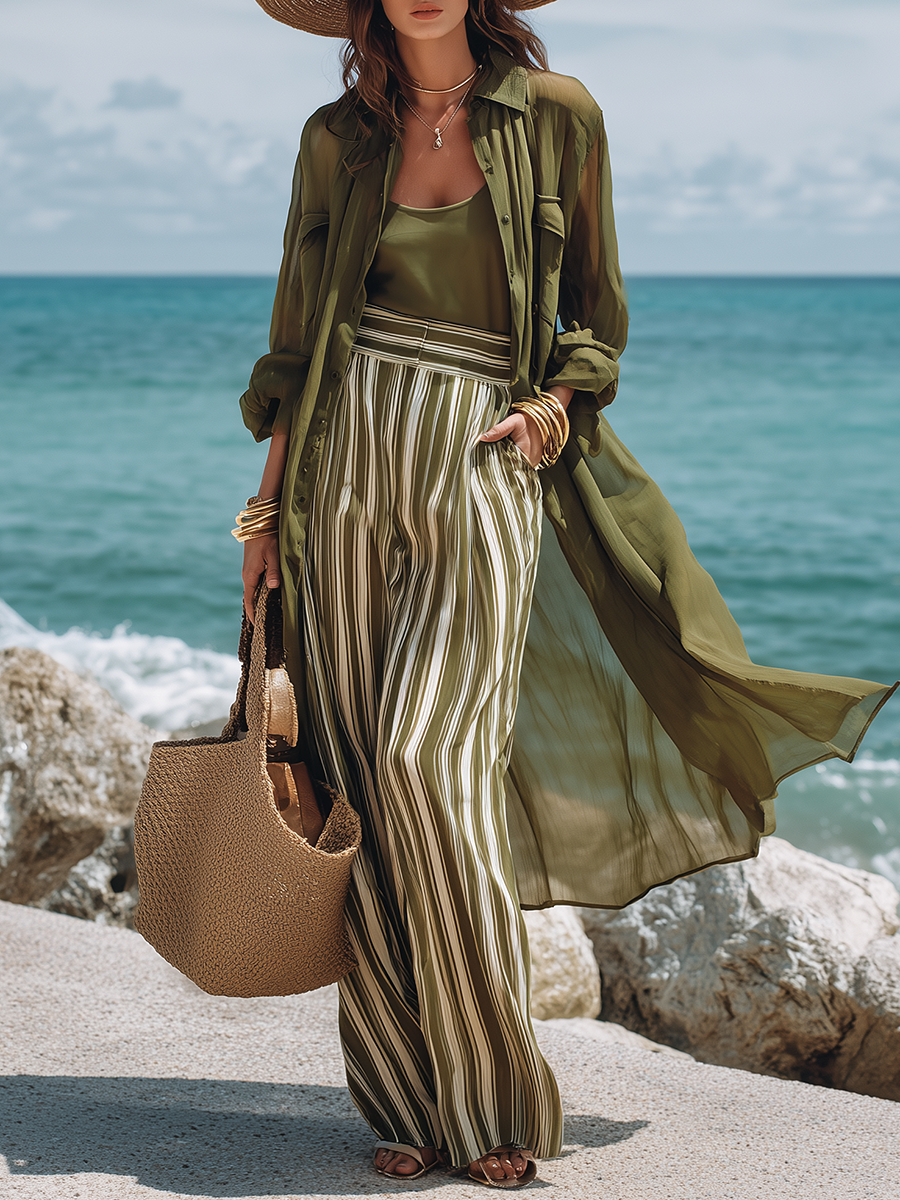 Beach Vacation Sheer Long Shirt And Striped Wide-leg Pants Suit