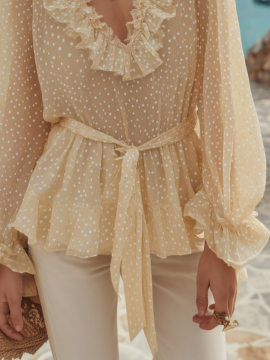 Fashionable And Romantic White Polka Dot Pale Yellow Chiffon V-neck Top