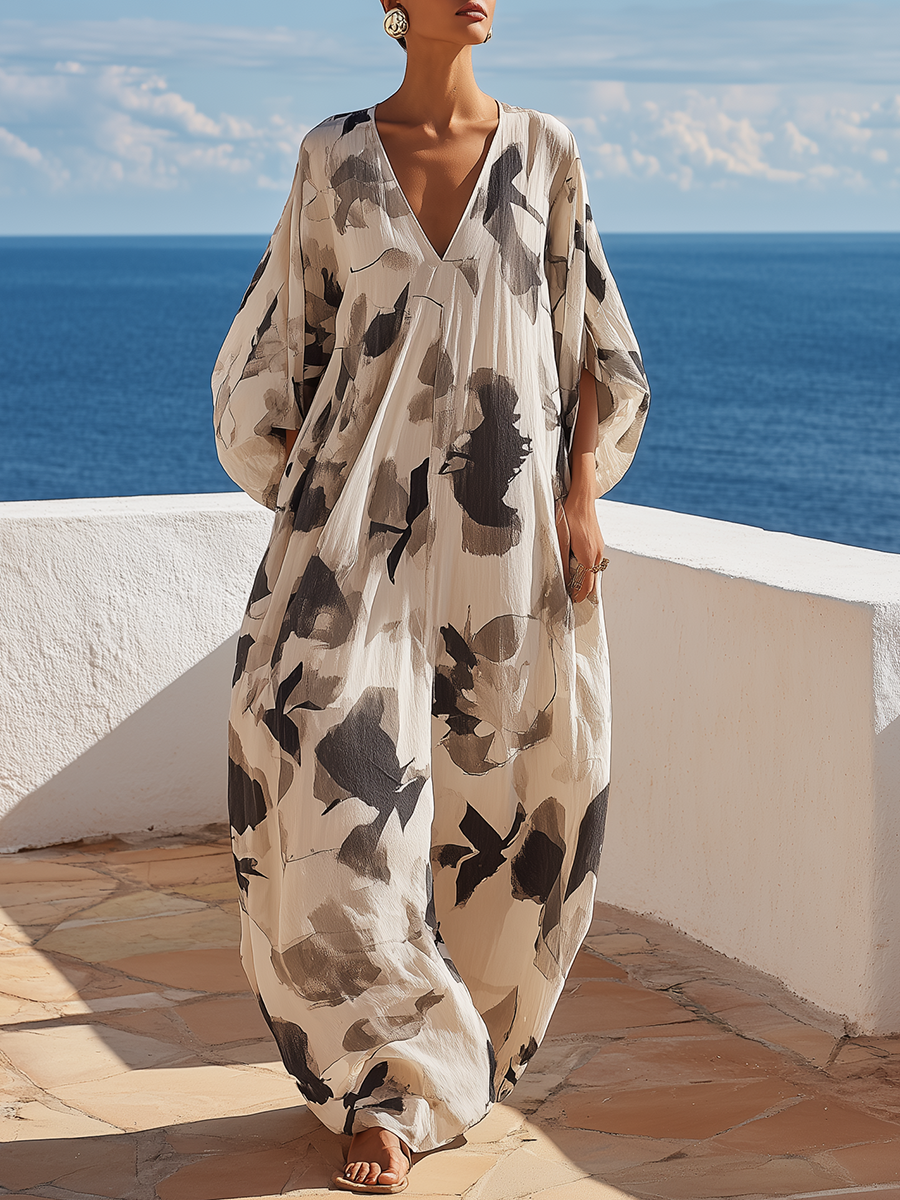 Loose Vacation Black Printed Maxi Dress