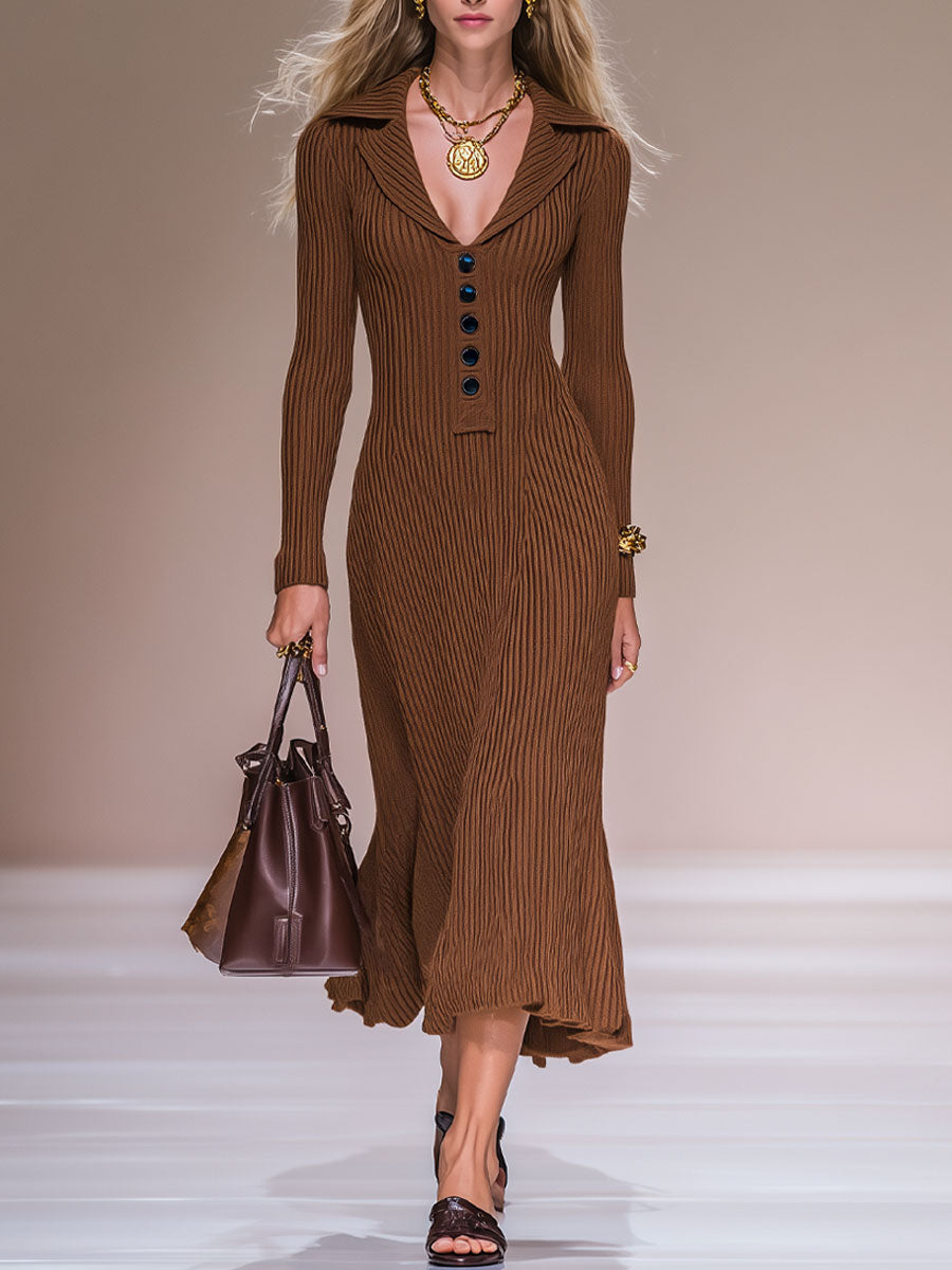 Urban Fashion Dark Brown Knitted Lapel Long Sleeve Midi Dress