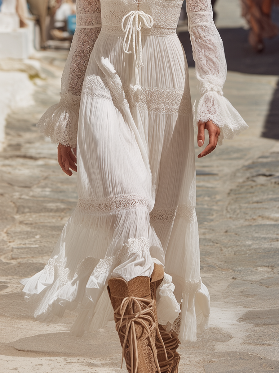Romantic Bohemian Lace Sleeve Off-White Midi Dress