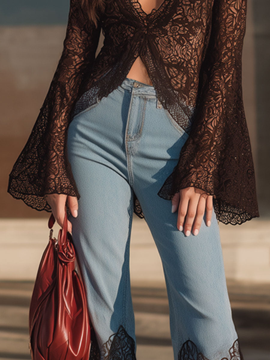 Retro Bohemian Dark Chocolate Lace Flared Long Sleeve Shirt
