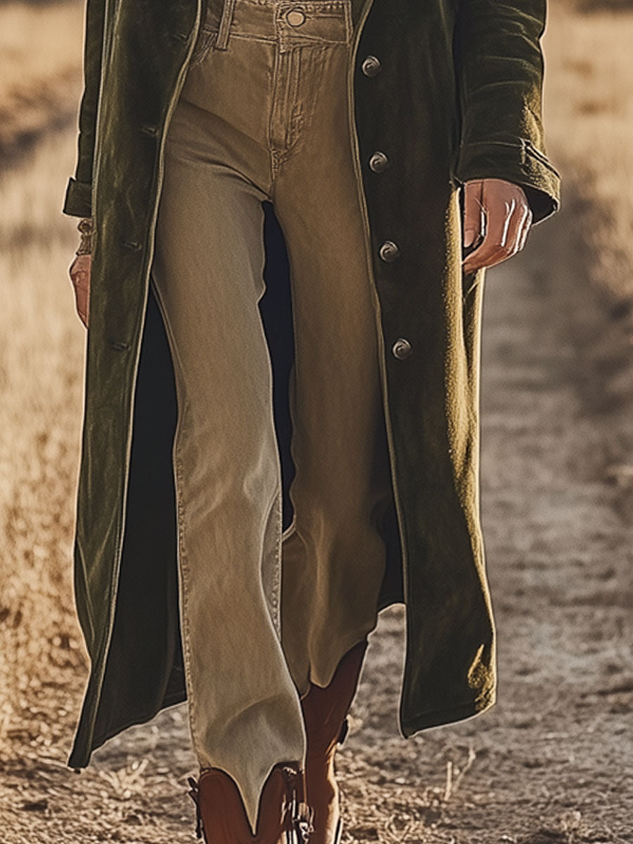Western Vintage Army Green Suede Hooded Long Coat