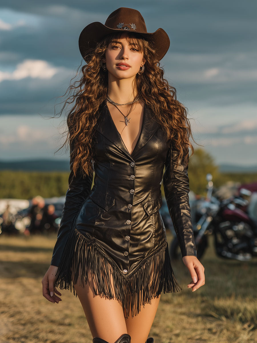 Vintage Black Faux Leather Tassel Long Sleeve Mini Dress