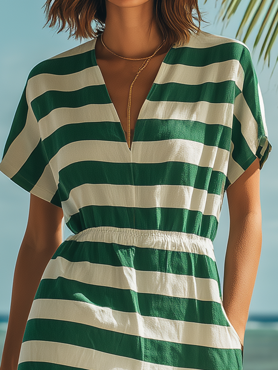 Resort-style Green Striped V-neck Short-sleeved Midi Dress