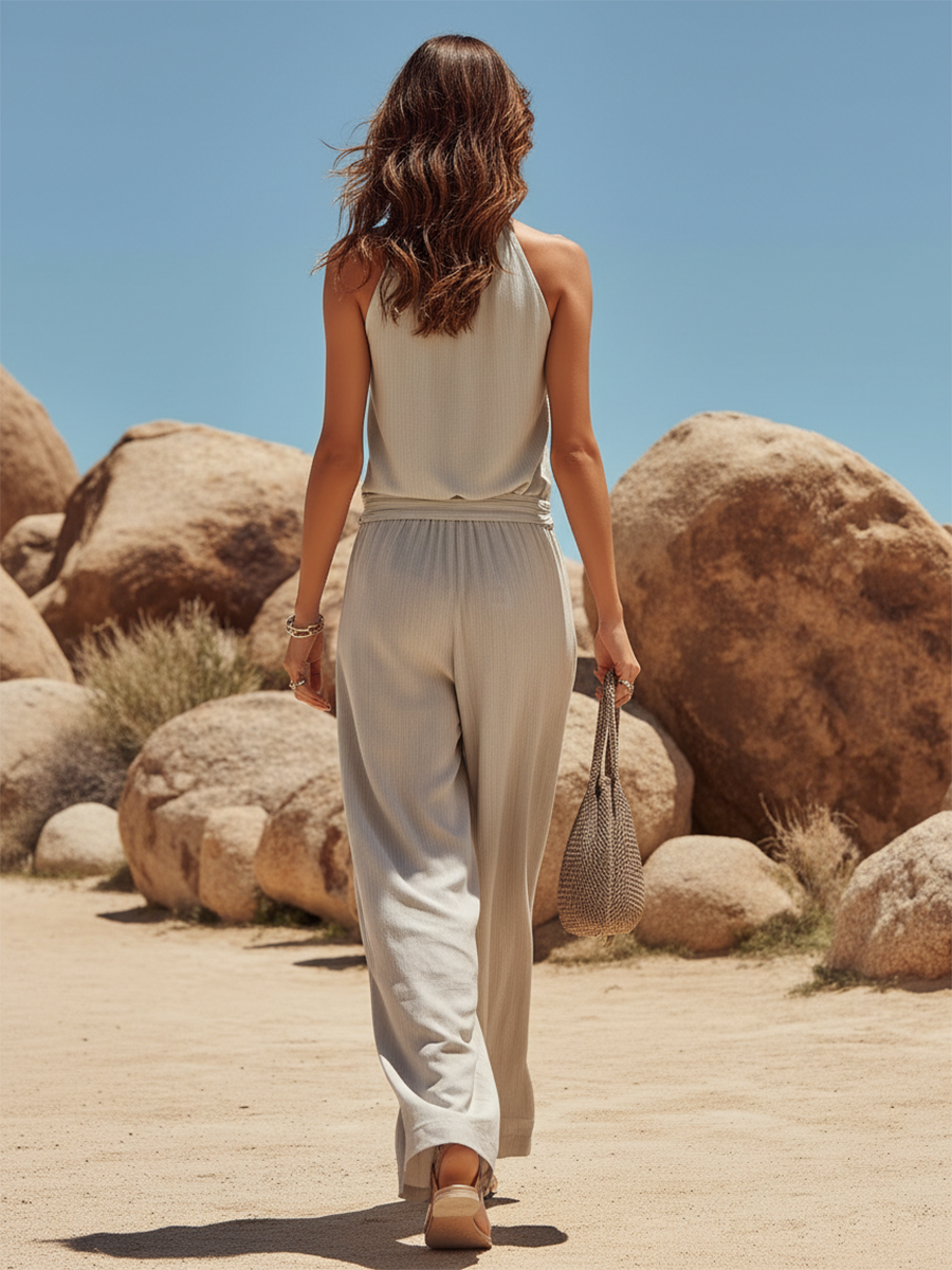 Vacation-style Embroidered Sleeveless Top And Trousers Set