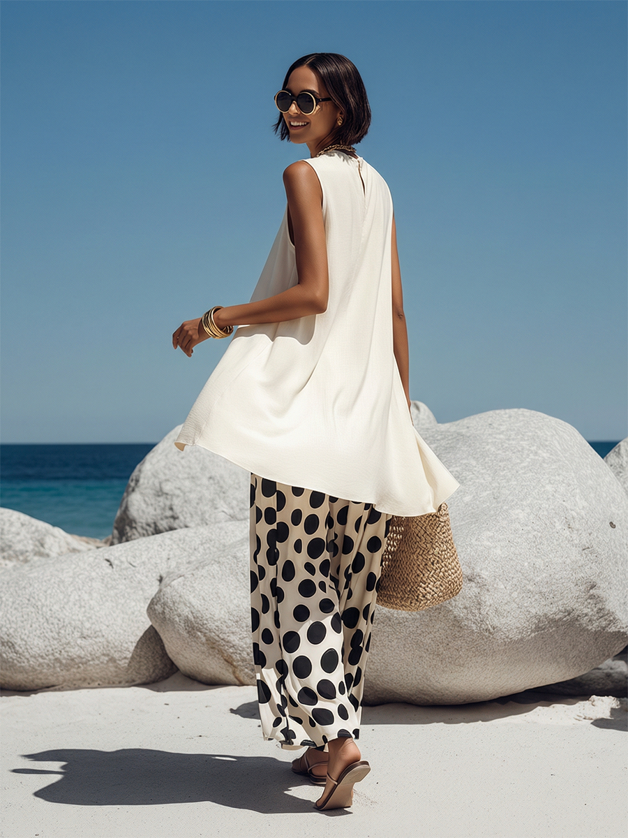 Vacation-style Tencel Top And Polka-dot Chiffon Wide-leg Pants Set