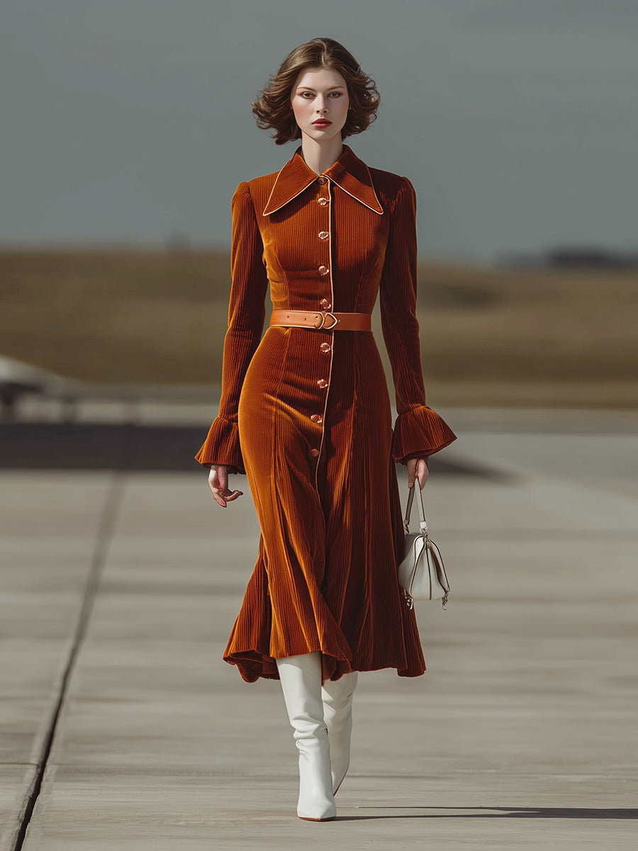 Fashionable Orange Corduroy Button-down Flared Maxi Dress