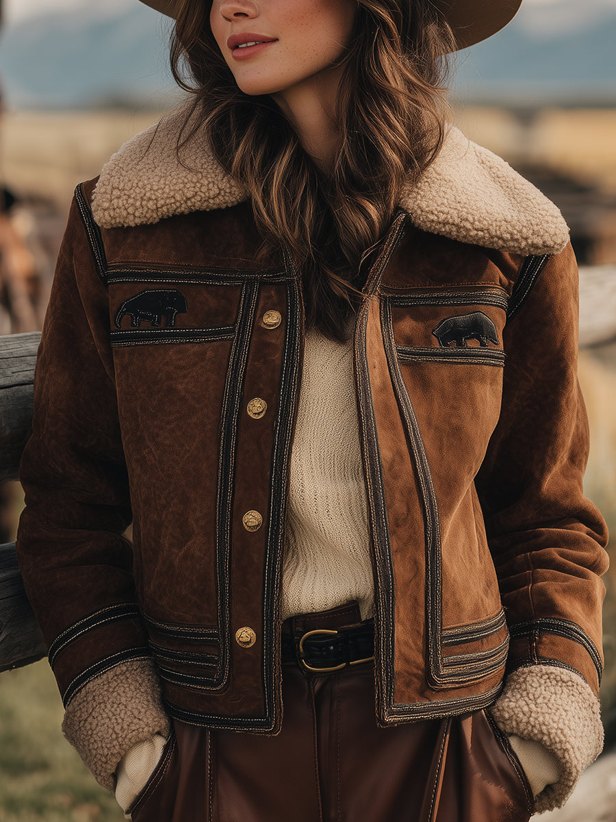 Western Faux Suede Paneled Fleece-lined Button-down Jacket
