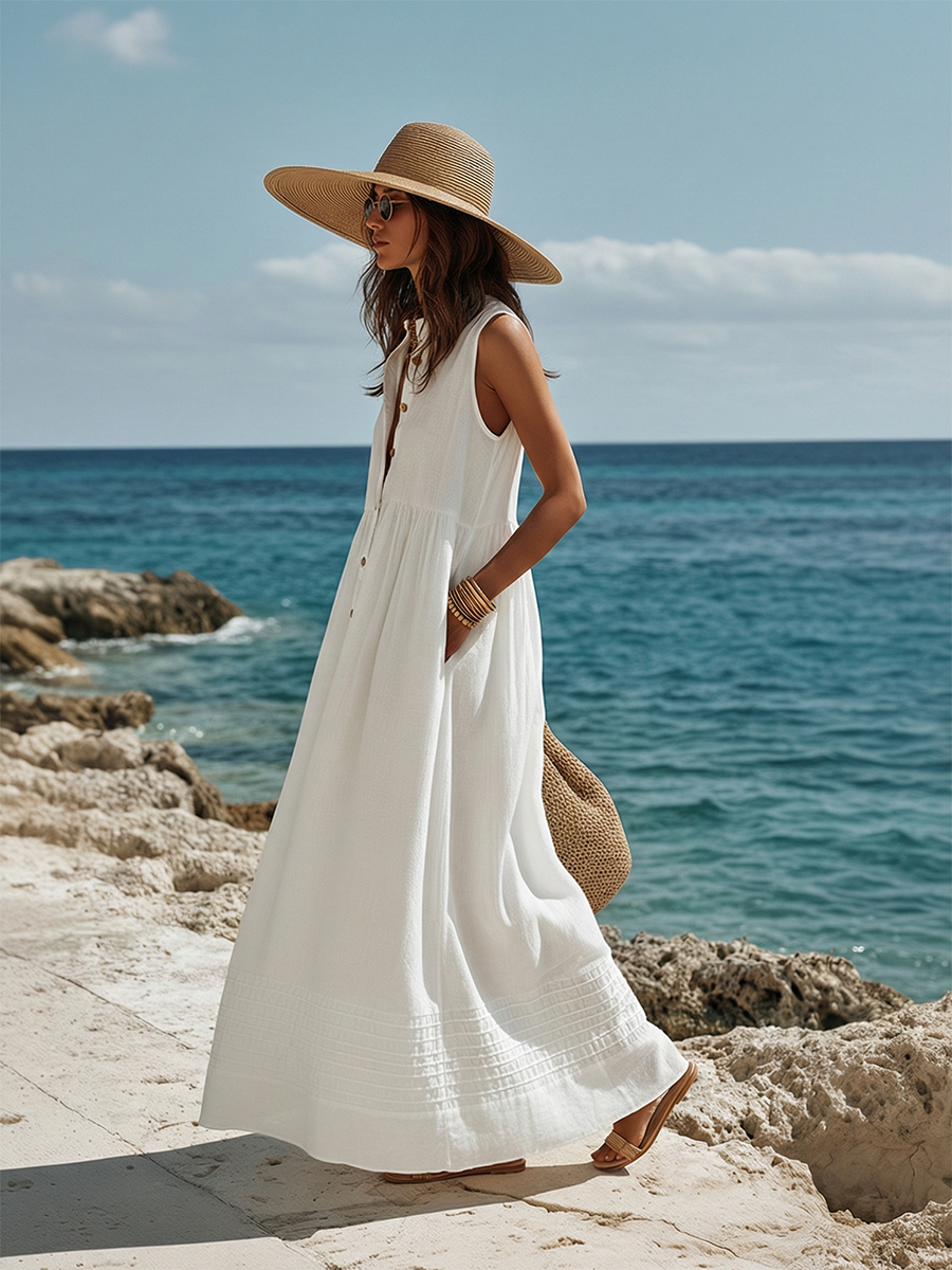 Beach Vacation White Cotton Linen Sleeveless Maxi Dress