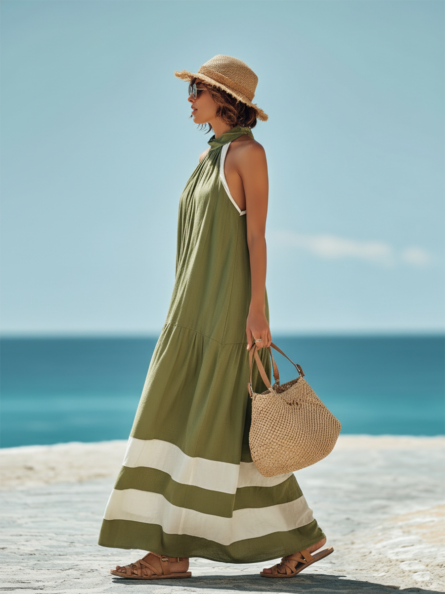 Resort-style Green Round Neck Sleeveless Maxi Dress