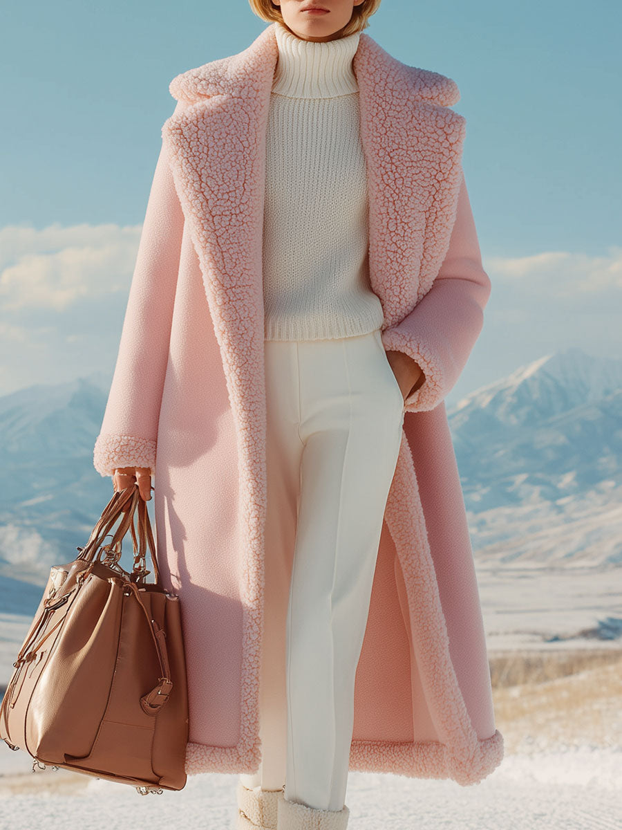 Loose Retro Fur Collar Pink Woolen Coat