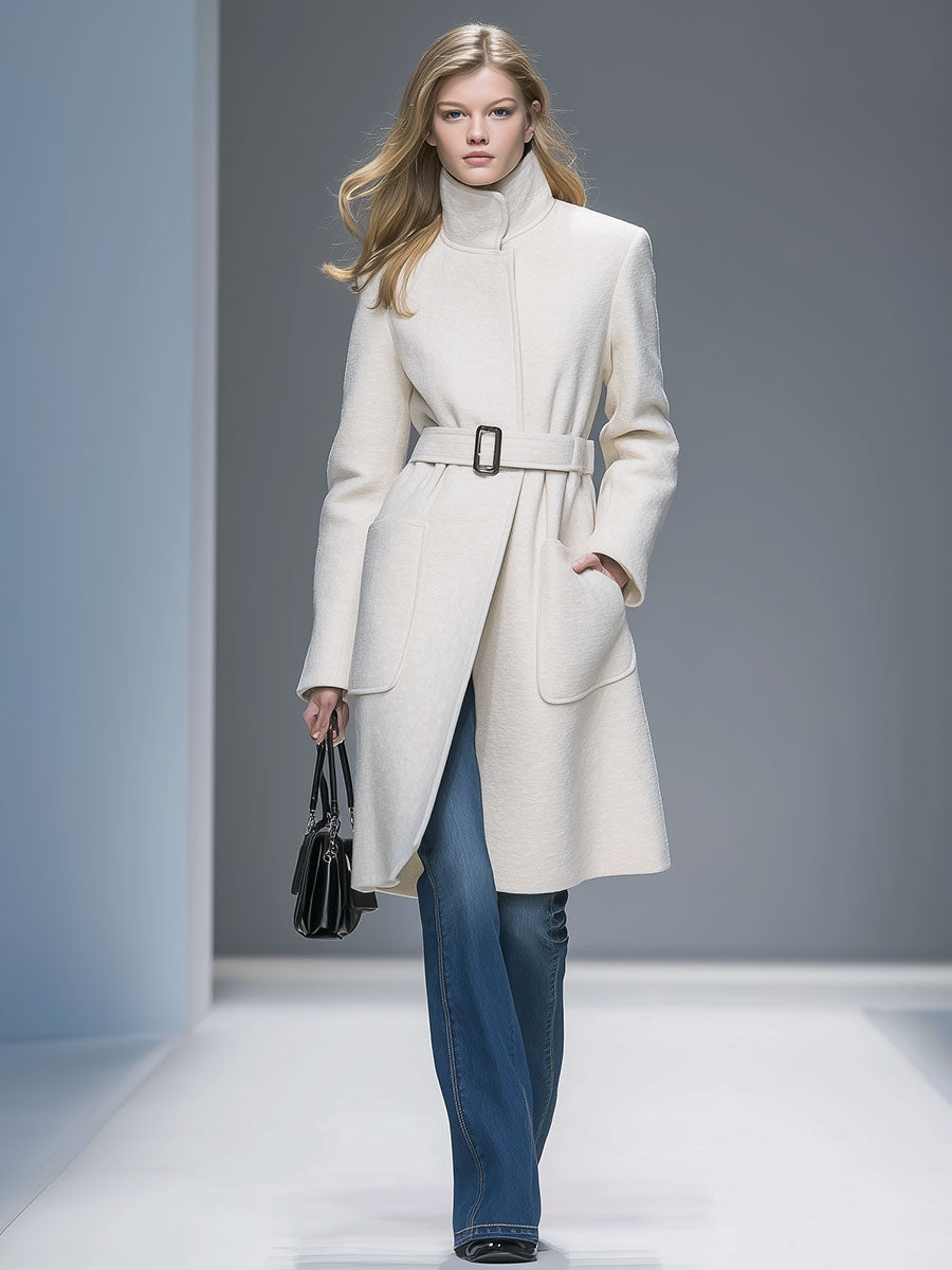 Casual Loose White Stand Collar Woolen Coat