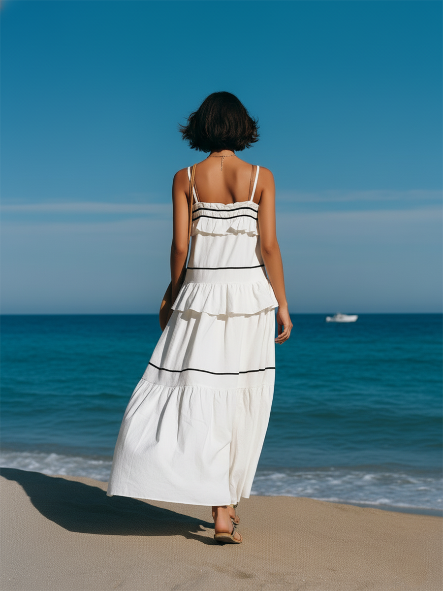 Vacation-style White Loose-fitting Strappy Maxi Dress