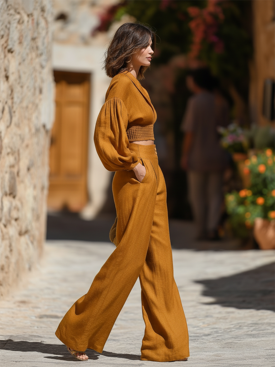 Vacation-style V-neck Patchwork Knit Long-sleeved Top And Pants Set