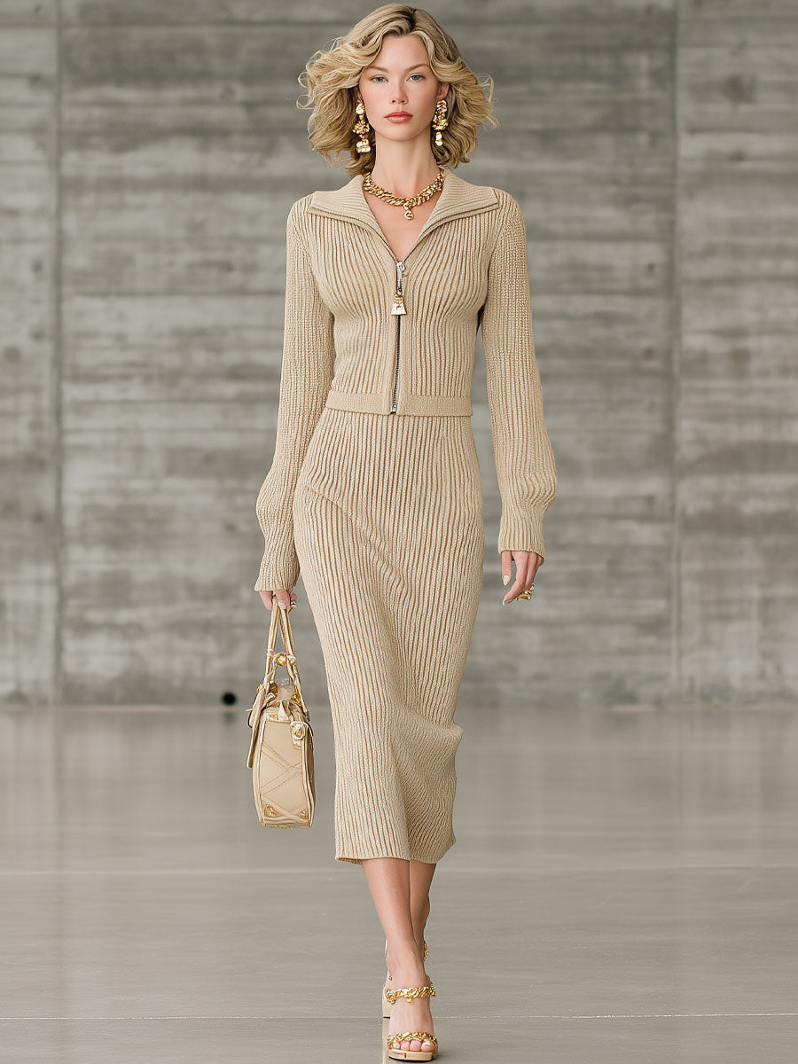 Fashionable And Casual Camel-Colored Ribbed Knitted Lapel Long-Sleeved Midi Skirt Suit
