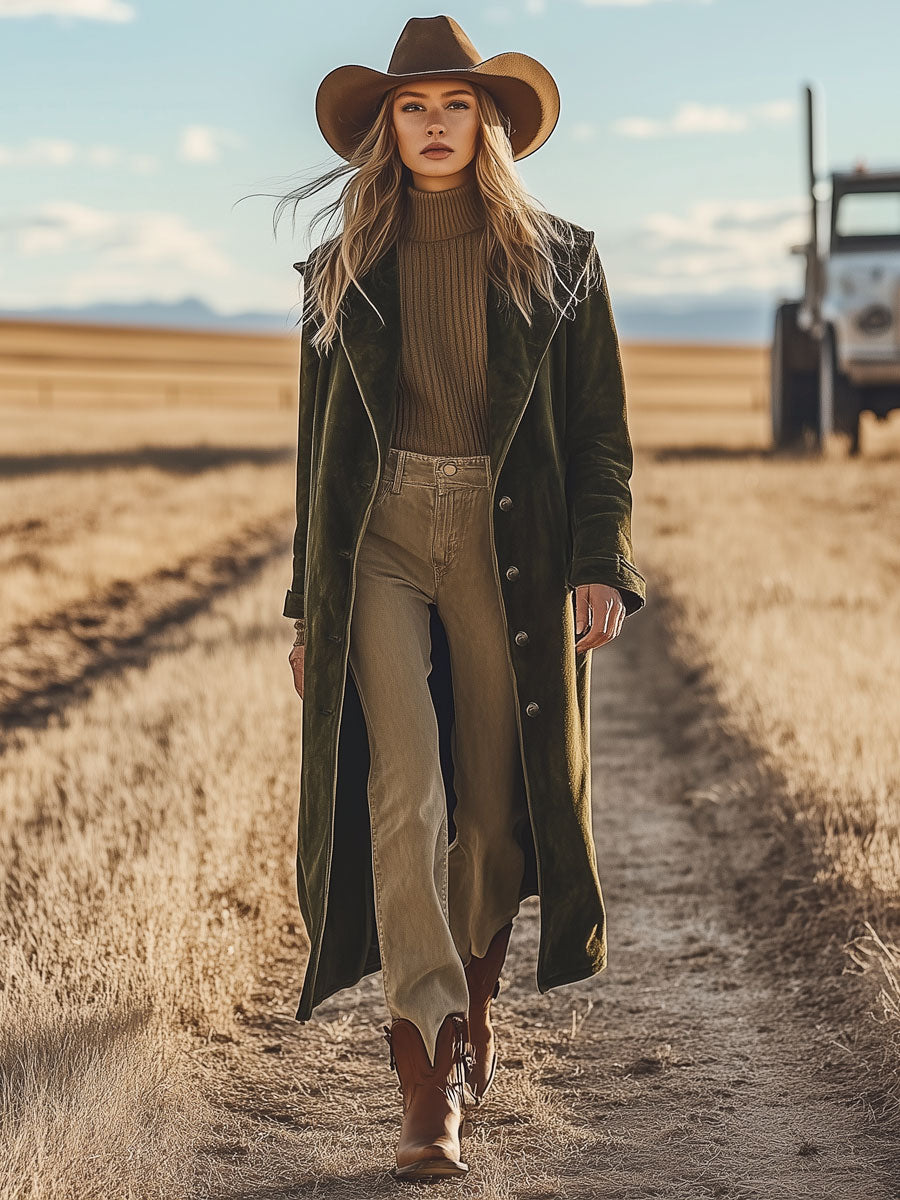 Western Vintage Army Green Suede Hooded Long Coat